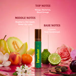 Brunbae perfume bottle with fruit, flower, and spice elements on a pink background